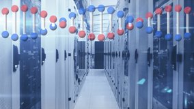 Animation of dna strand spinning and data processing over tech room with computer servers. global data processing, connections and digital interface concept digitally generated video. - Powered by Shutterstock - Get 15% off with code: PIKWIZARD15