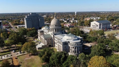 Jackson, MS - October 2021: Camera circles around The Mississippi State Capitol Building in downtown Jackson, MS