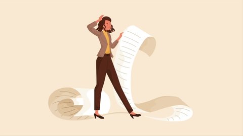Business woman video concept. Moving female character holds large task list or tax receipt. Busy entrepreneur holds his head. Pop up page in hands of person. Graphic contemporary animated cartoon