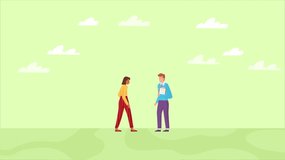 Insurance policy video concept. Moving young woman protects her real estate, car and life with insurance. Female character signs and shakes agent hand. Personal property. Graphic animated cartoon