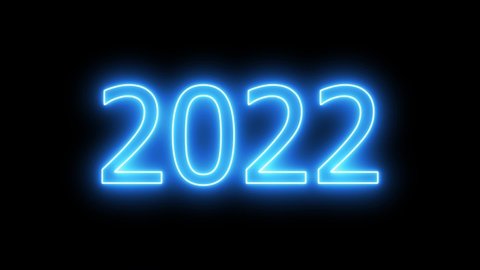 Happy New Year. Blue neon light sign background, glowing flashing 2022 neon text background, new year concept, animation.
