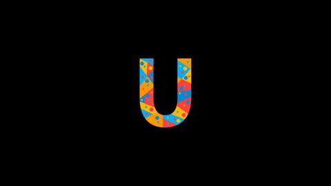 Letter U. Animated unique font made of circles and triangles, polygons. Geometric mosaic bright colors. Letter U for icons, logos, interface elements. Alpha channel transparent background, 4K