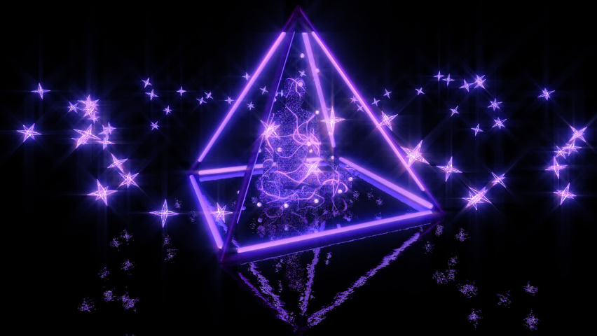 looped 3d animation meditation of a man in a glowing pyramid, around which sparkling stars fly Royalty-Free Stock Footage #1083297850