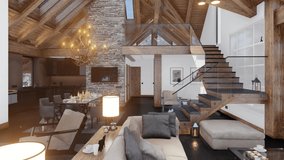4K video rendering of cozy living room on sunny winter day in the mountains, luxury interior of chalet decorated with candles, fireplace fills the room with warmth. It's snowing outside the window