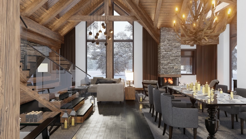4K video rendering of cozy living room on sunny winter day in the mountains, luxury interior of chalet decorated with candles, fireplace fills the room with warmth. It's snowing outside the window