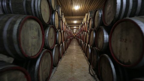 Стоковое видео: A Wine Cellar. Storage Room for Wine in Bottles and Barrels. Old wine in a dark underground vault. Wooden oak whiskey, wine, cognac, brandy or beer barrels. Bottles on wooden shelves.