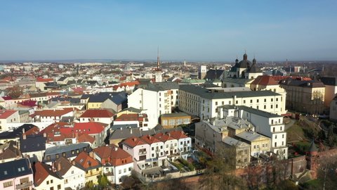 Historical aerial city Olomouc, drone aerial video shot view panorama from the tower of the Gothic church of St. Moritz, city town hall Olomouc Gothic building, baroque Church of St Michael