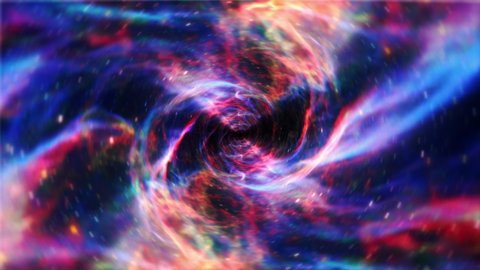 Abstract Flight into blue orange vibrant hyperspace tunnel animation. 4K 3D Fly in storm cloud loop Sci-Fi traveling in an abstract worm hole vortex. Space travel warp speed through space and time.