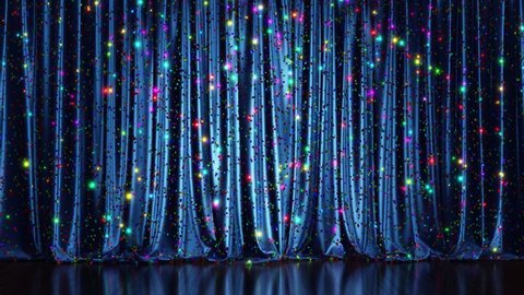 Realistic 3D animation of the stylish and cozy blue shining colorful sequin stage curtain with reflecting wooden or laminate flooring rendered in UHD with alpha matte