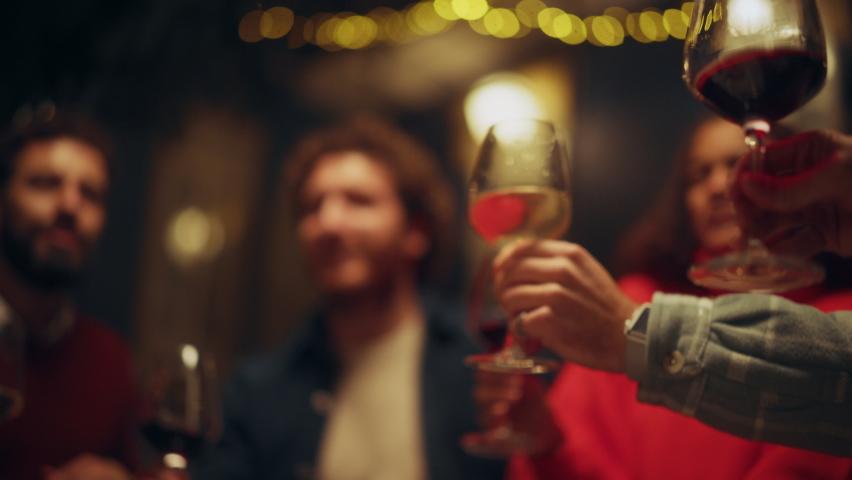 Close Up Footage of People Making Toasts and Touch with Wine and Champagne Glasses at a Garden Party Celebration with Friends on a Warm Summer Evening. Beautiful People Enjoy Life on a Weekend. | Shutterstock HD Video #1083308584