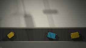 Luggages Moving On Airport Conveyor Belt Overhead View Loopable. realistic 3d animation. Suitcases of blue and yellow colors. Light floor. horizontally