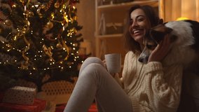 beautiful laughing woman sits on floor with mug of coffe close to funny Welsh Corgi dog sitts at couch in festive decorated house with Christmas tree. tender girl stroking and petting her dog - Powered by Shutterstock - Get 15% off with code: PIKWIZARD15
