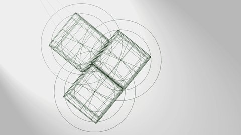 3d animation, three cubes with a magnetic field on grey background ( wired framed )