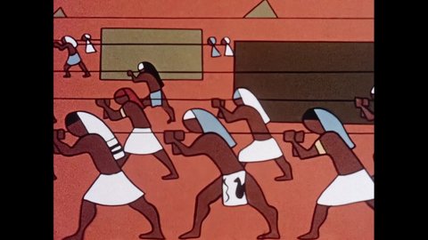 1950s: Animated Egyptian men push blocks. Animated train pulls cars. Spoon with uranium appears over animated cityscape at night. Uranium powder shrinks in spoon.