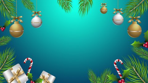 4K animation Design New Year and Christmas tree leaves with Christmas Blank Blue Backdrop For text Rotating frame template design Rotating realistic pine tree fresh branches with Christmas Decorations
