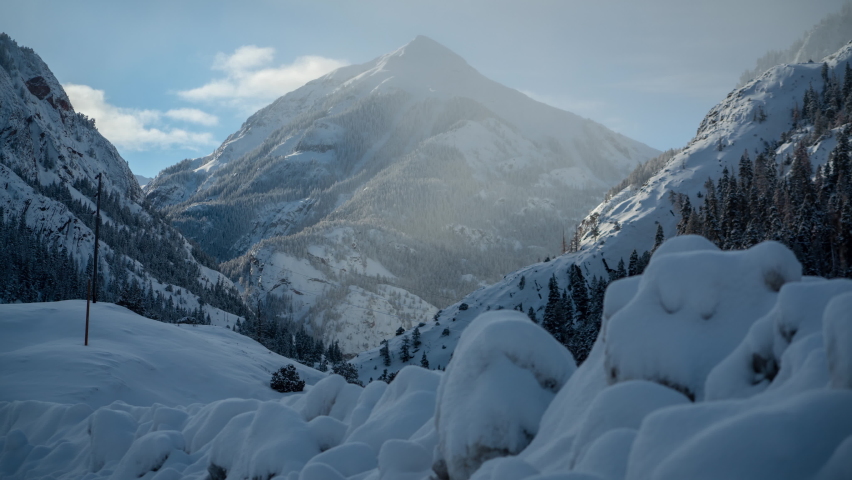 Time Lapse, Idyllic Mountain Winter Landscape, Snow Capped Hills and Valley on Sunny Morning. Ouray, Colorado USA