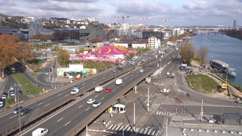 Medrano Circus and A7 Motorway by the Rhone River in Lyon, France - Wide Static Shot
