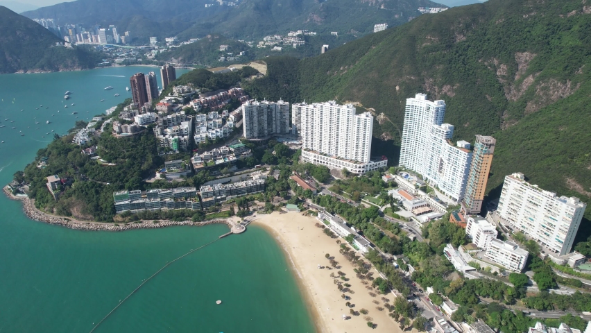Repulse Bay, near Stanley, on the southern coast of Hong Kong Island, enjoy a relaxing day out at the beautiful beach with attractions for the whole family, aerial view