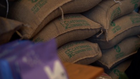 TYUMEN, RUSSIA - NOVEMBER 26, 2021: bags of green coffee beans of SOK coffee roasting company