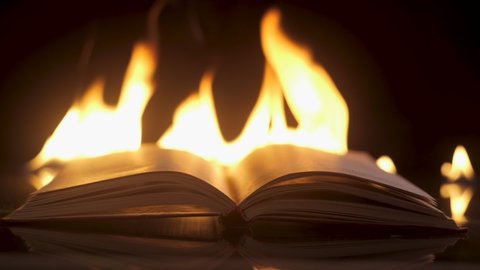 An open book against the backdrop of fire. Bonfire conflagration in slow motion in the dark. Book Burning - Censorship Concept