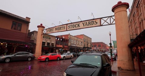 Fort Worth, NOV 27 2021, Rainy view of the entrance of Fort Worth Stock Yards