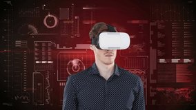 Animation of businessman wearing vr headset over globe and data processing on screen. global business, data processing and digital interface concept digitally generated video.