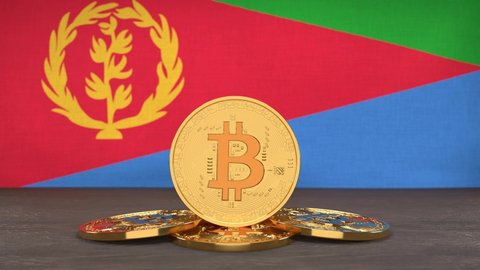 Bitcoin cryptocurrency on the background of the flag of Eritrea. The concept of investing in cryptocurrency, blockchain technologies.