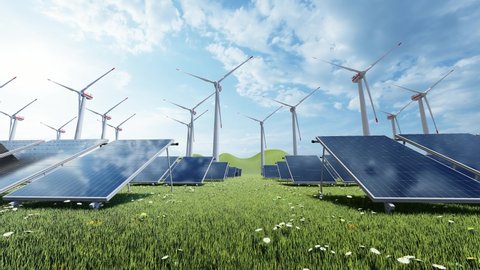 4K Animation with solar panel cells and spinning wind turbines on the eco energy farm. Power generators produce electricity with wind and solar panels with sunlight. This is clean and green industry.