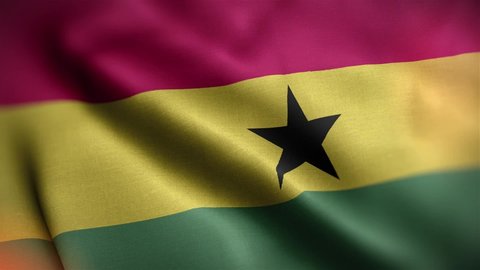 Computer generated Ghana country flag. 3d animation of the Fabric textured flag waving in the wind. International flag of Ghana waving Seamless Loop closeup.