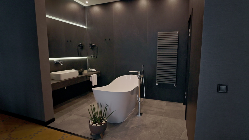 Exquisite Bathroom In Hotel Room. Wonderful Interior. | Shutterstock HD Video #1083333862