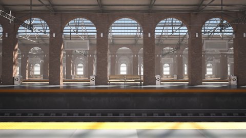 Seamless looping animation of empty train station platforms with brick pillars. Camera moving along trucks. Concept of a railroad, travelling transportation, transport industry. Railway traction.