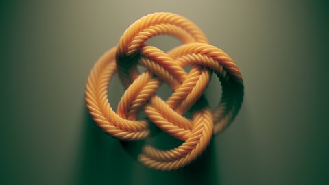 Seamless looping animation with rope knot. Line knotted together endlessly moves. The braided emblem on dark background with light coming from above. Symbol of trust, faith, strength. Mystery. Puzzle