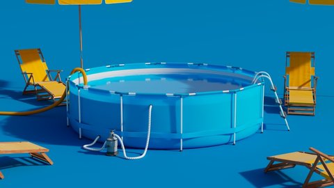 Simple cheerful animation with swimming pool on blue background. The items appear sequentially: a pool, a leader, pump umbrellas, sunbeds and water. Concept of summertime, holidays, vacation, leisure.