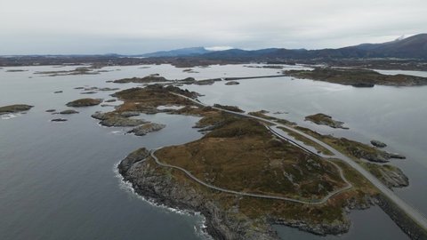 Famous Atlantic Ocean Road On A Cloudy Day In Norway - aerial drone shot