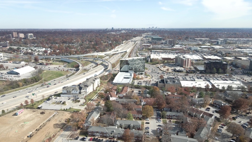 Drone shot moving forward Brentwood at the crossroad intersection between I-64 and I-170 in St. Louis, MO