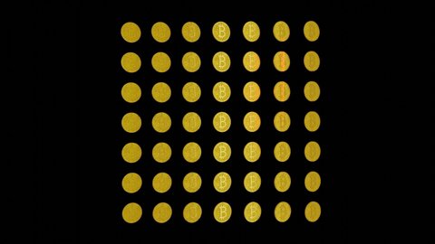 rows of stylized coins with the bitcoin symbol slowly rotated on a black background. cryptocurrency mining concept. 3d render