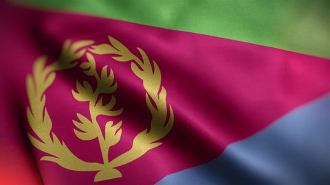 Computer generated Eritrea flag. 3d animation of the Fabric textured flag waving in the wind. International flag of Eritrea waving Seamless Loop closeup