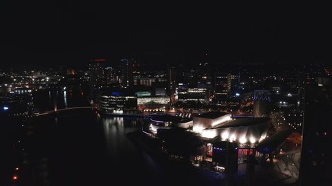 Manchester, UK. August 19, 2021. Aerial view of the Media City UK is on the banks of the Manchester Ship Canal in Salford and Trafford, Greater Manchester, England.