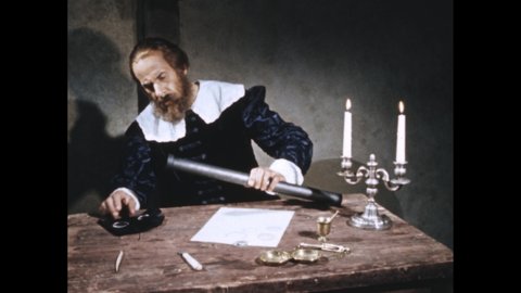 1900s: Older Galileo sits at desk and studies telescope. Galileo gets up and carries candelabra off. Galileo looks in telescope through window.