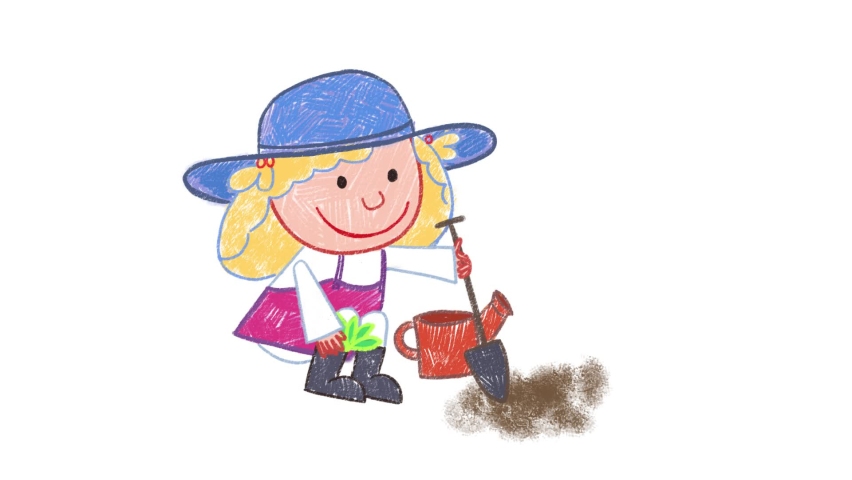 Farmer girl smiling and planting animation cycle with mask, template for art class children’s tv shows. Luma matte.