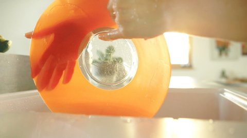 Slow-motion video of Person washing orange bowl under running water brightly-lit. Staying at home, house chores, stay at home order.