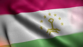 Computer generated Tajikistan flag. 3d animation of the Fabric textured flag waving in the wind. International flag of Tajikistan waving Seamless Loop closeup