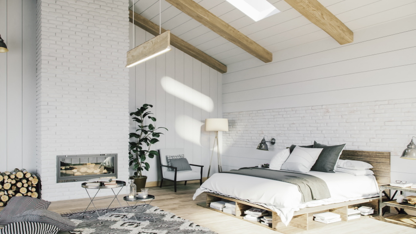 3D Interior of a Scandinavian Bedroom In A Luxurious Cottage House Royalty-Free Stock Footage #1083363436