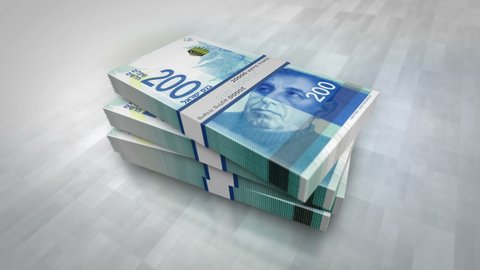 Israeli shekel money pile pack. Concept background of economy, banking, business, crisis, recession, debt and finance in Israel. 200 NIS banknotes stacks 3d animation.
