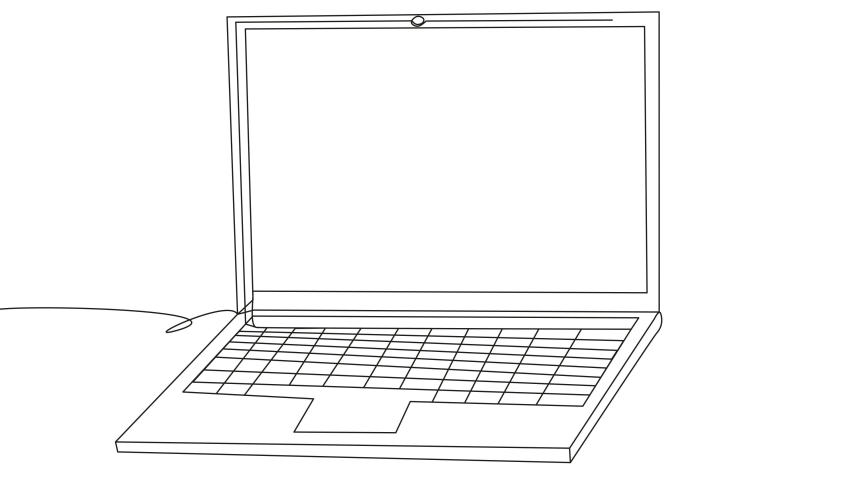 Self-drawing a laptop in one line on a white background. A device with a blank screen for remote work. Animation drawing a contour PC. 4k stock video with alpha channel for whiteboard, chalkboard. Royalty-Free Stock Footage #1083372673