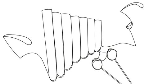 Self-drawing Xylophone in one line on a white screen. Stock animation of a small percussion instrument of different pitch heights with notes. 4k stock video with alpha channel for whiteboard.