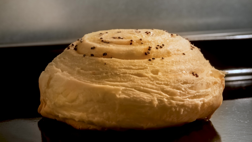 Timelapse - bun with poppy seeds baking and rising on tray in electric oven in kitchen at home - close up view. Homemade bakery, food, cooking, pastry and time lapse concept | Shutterstock HD Video #1083374833