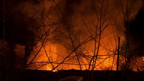 The silhouette of tree branches against the background of a raging fire at night. Clouds of smoke rise high. Disaster, trouble