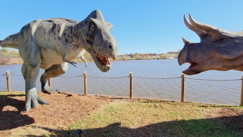 Close up shot of Tyrannosaurus Rex and Triceratops Dinosaur model at Oklahoma