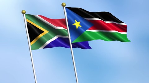 South Africa, South Sudan, 3D Flags of South Africa and South Sudan waving in the wind on sky background.
